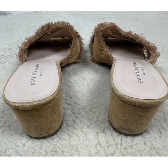 Patricia Green Kate Fringe Slide Block Heel Shoes Boho Tan Linen Sandals Size 11