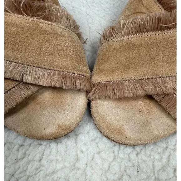 Patricia Green Kate Fringe Slide Block Heel Shoes Boho Tan Linen Sandals Size 11