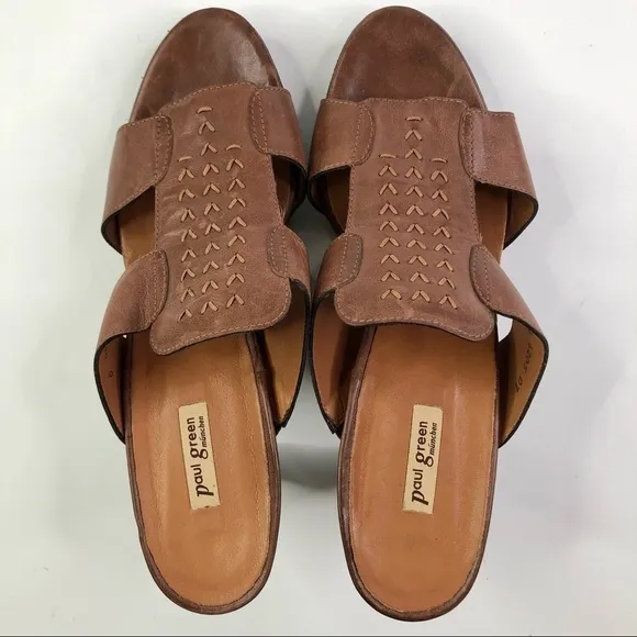 Paul Green embroidered leather sandals peep toe brown 6