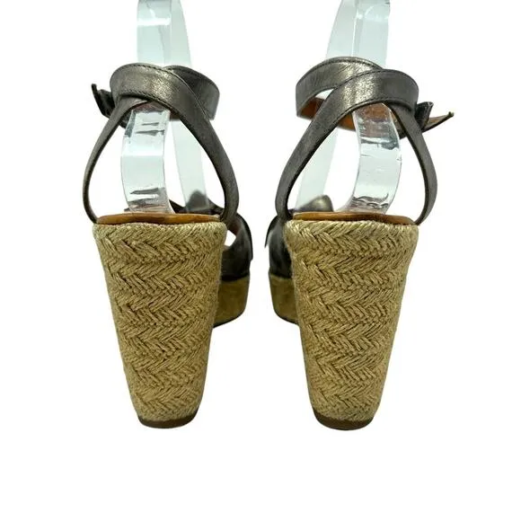 Paul Green Metallic Leather Bow Espadrille Wedge Sandal Heels Size 6 US 8.5