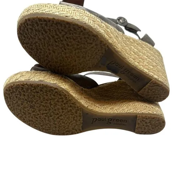 Paul Green Metallic Leather Bow Espadrille Wedge Sandal Heels Size 6 US 8.5