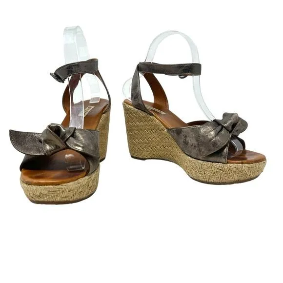 Paul Green Metallic Leather Bow Espadrille Wedge Sandal Heels Size 6 US 8.5
