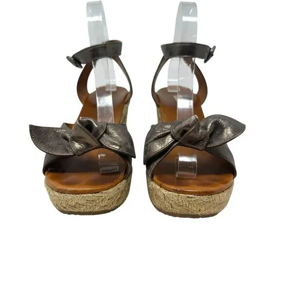 Paul Green Metallic Leather Bow Espadrille Wedge Sandal Heels Size 6 US 8.5