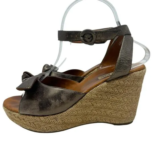 Paul Green Metallic Leather Bow Espadrille Wedge Sandal Heels Size 6 US 8.5
