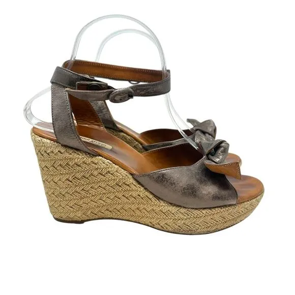 Paul Green Metallic Leather Bow Espadrille Wedge Sandal Heels Size 6 US 8.5
