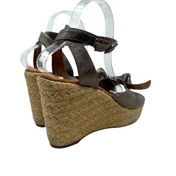 Paul Green Metallic Leather Bow Espadrille Wedge Sandal Heels Size 6 US 8.5