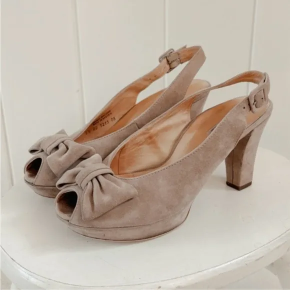 Paul Green Suede Bow Peep Toe Pump Heel Women 8 Neutral Beige