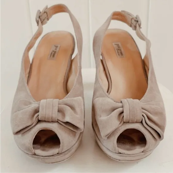 Paul Green Suede Bow Peep Toe Pump Heel Women 8 Neutral Beige