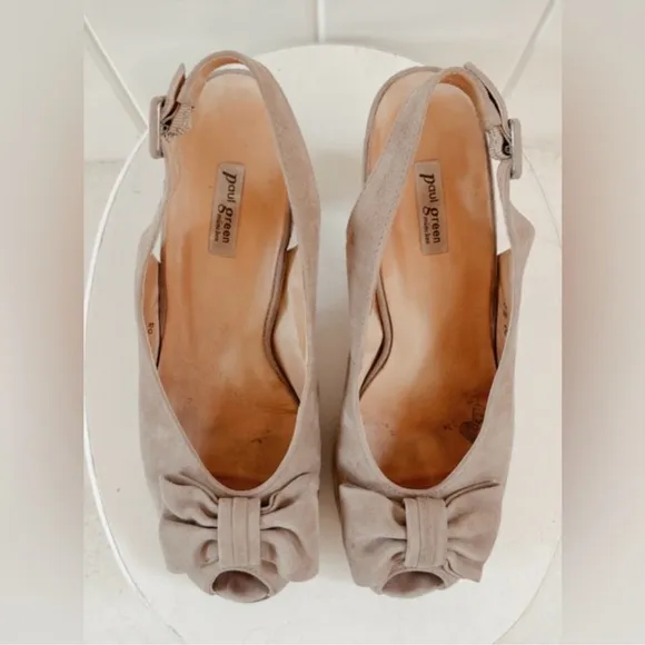 Paul Green Suede Bow Peep Toe Pump Heel Women 8 Neutral Beige