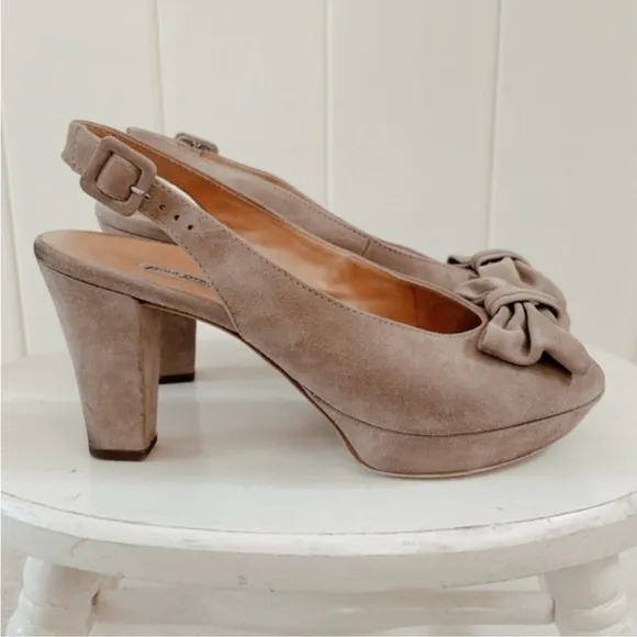 Paul Green Suede Bow Peep Toe Pump Heel Women 8 Neutral Beige