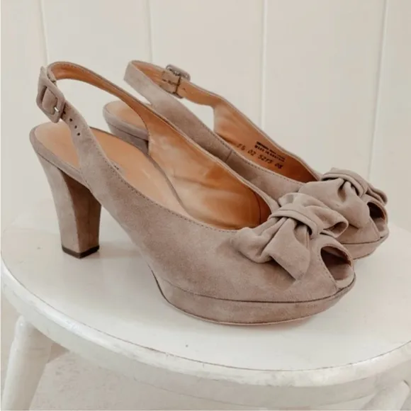 Paul Green Suede Bow Peep Toe Pump Heel Women 8 Neutral Beige