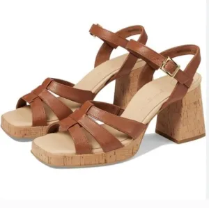 Paul Green Tina Cognac Leather Cork Heel Sandals Slingback