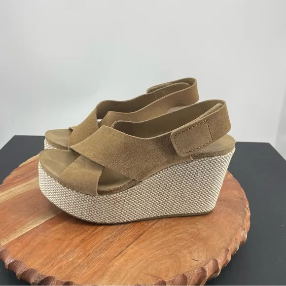 PEDRO GARCIA Denia Suede Crisscross Wedge Camel Platform Sandals 37.5 US 7.5