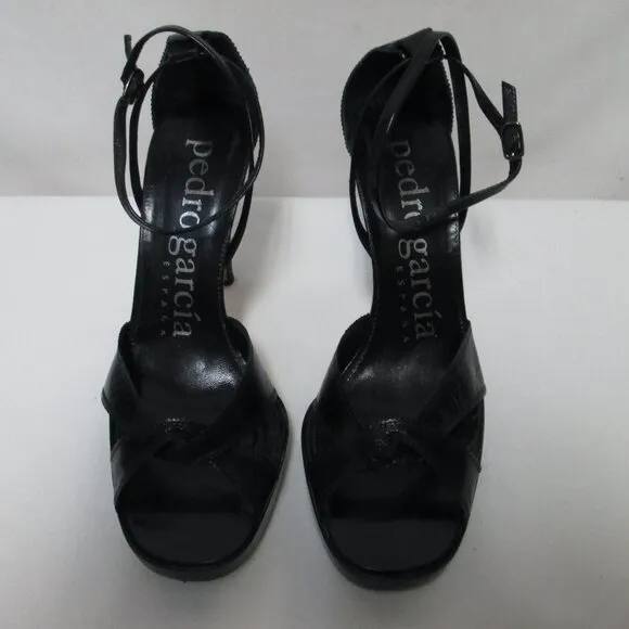 Pedro Garcia Leather black strappy heels sandals ankle strap Size Sz 38.5  8.5
