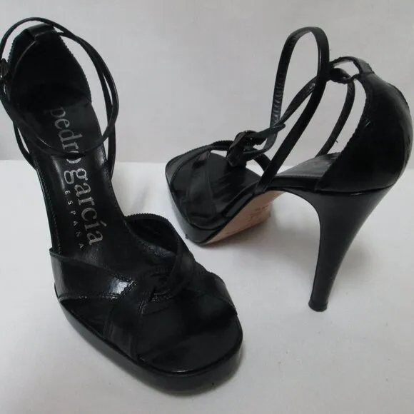 Pedro Garcia Leather black strappy heels sandals ankle strap Size Sz 38.5  8.5
