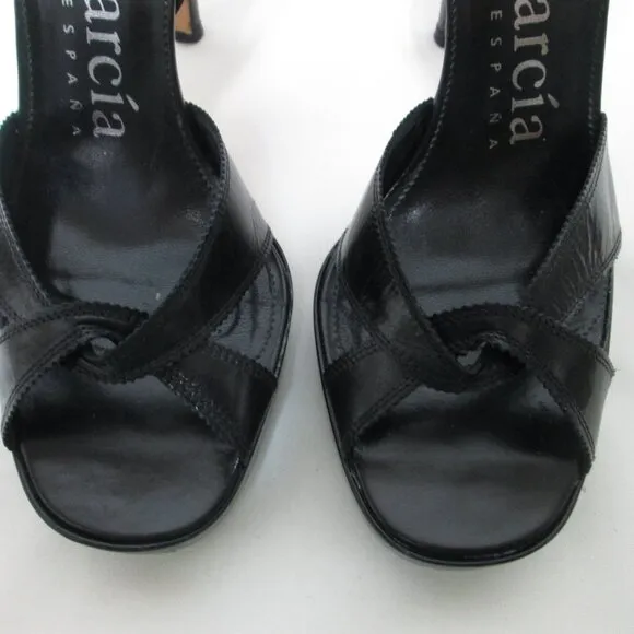 Pedro Garcia Leather black strappy heels sandals ankle strap Size Sz 38.5  8.5