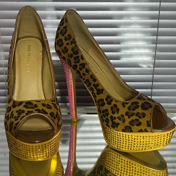 Pink Yellow crystal rhinestone leopard high heel stiletto platform pumps shoes