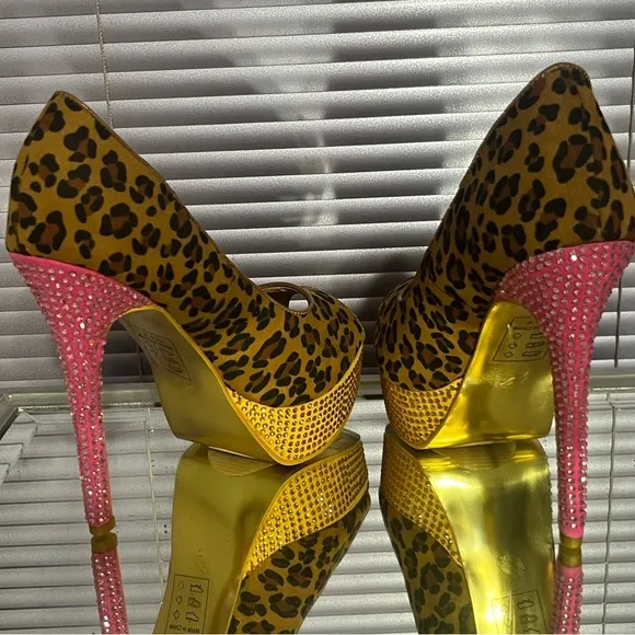 Pink Yellow crystal rhinestone leopard high heel stiletto platform pumps shoes
