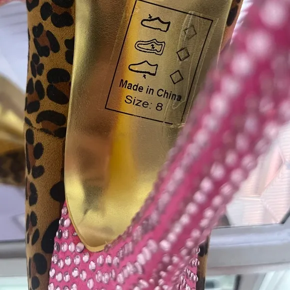 Pink Yellow crystal rhinestone leopard high heel stiletto platform pumps shoes