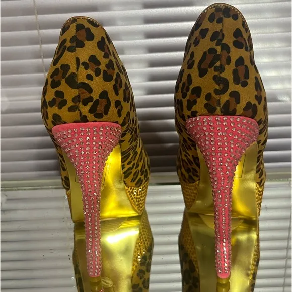 Pink Yellow crystal rhinestone leopard high heel stiletto platform pumps shoes