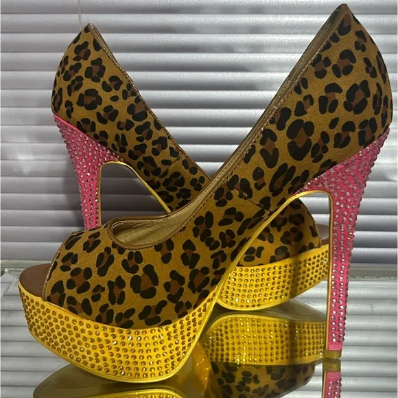 Pink Yellow crystal rhinestone leopard high heel stiletto platform pumps shoes