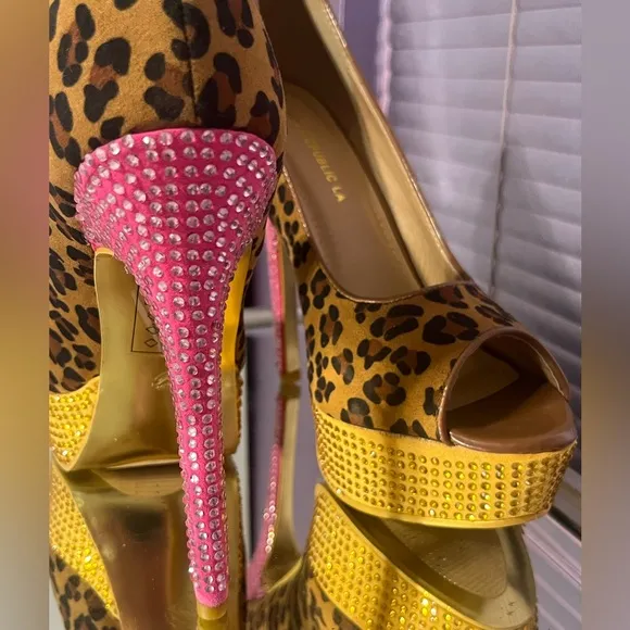 Pink Yellow crystal rhinestone leopard high heel stiletto platform pumps shoes