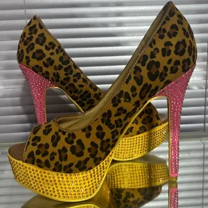 Pink Yellow crystal rhinestone leopard high heel stiletto platform pumps shoes
