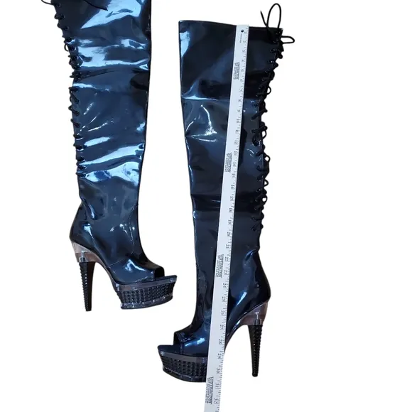 Pleaser Black Thigh High Lace Up Open Toe Platform Heel Boots Size 9 New W/O Box