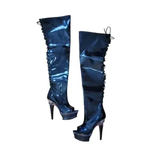 Pleaser Black Thigh High Lace Up Open Toe Platform Heel Boots Size 9 New W/O Box