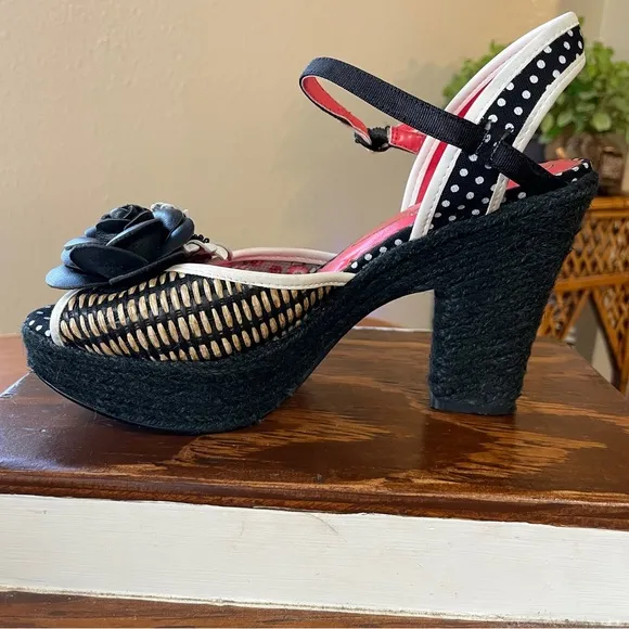 Poetic License Fancy Me Block Platform Heels Black Tan Red White Floral US 6