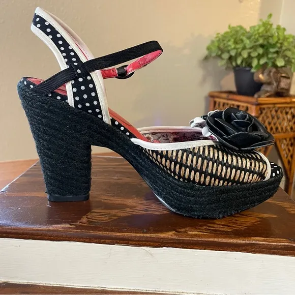 Poetic License Fancy Me Block Platform Heels Black Tan Red White Floral US 6