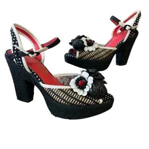 Poetic License Fancy Me Block Platform Heels Black Tan Red White Floral US 6