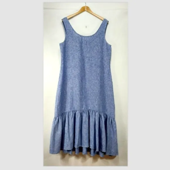 Polo Ralph Lauren 100% Linen Maxi Dress Large Blue Sleeveless Ruffle Kaftan