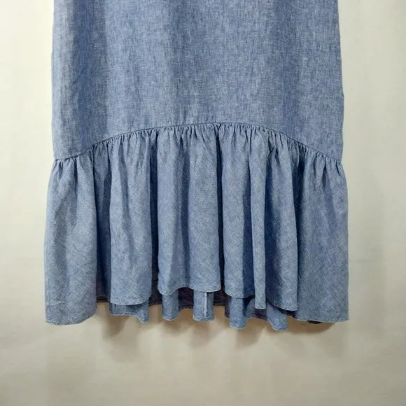 Polo Ralph Lauren 100% Linen Maxi Dress Large Blue Sleeveless Ruffle Kaftan