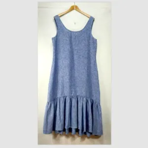 Polo Ralph Lauren 100% Linen Maxi Dress Large Blue Sleeveless Ruffle Kaftan
