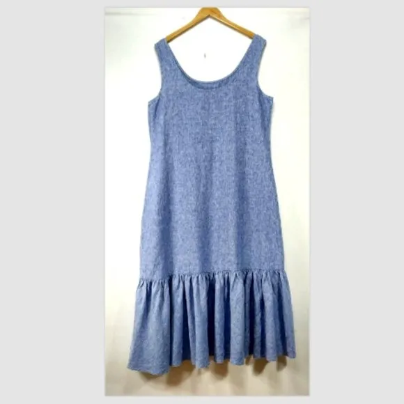 Polo Ralph Lauren 100% Linen Maxi Dress Large Blue Sleeveless Ruffle Kaftan