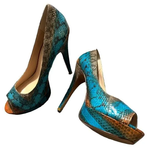 Pour La Victoire Snakeskin Peep-Toe Platform Heels – Size 8.5