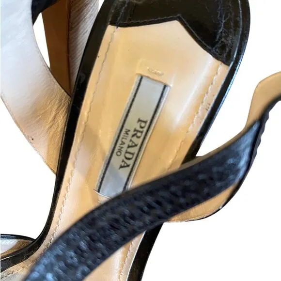 Prada 8.5 Calzature Donna Platform Leather Sandals Stacked Heel 39 Wood Black