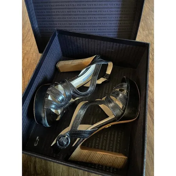 Prada 8.5 Calzature Donna Platform Leather Sandals Stacked Heel 39 Wood Black