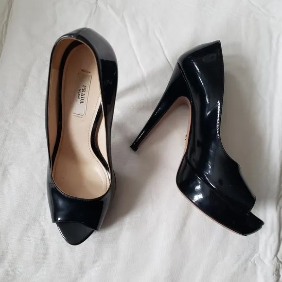 PRADA Black Patent Leather Peep Toe Platform Pump Shoes