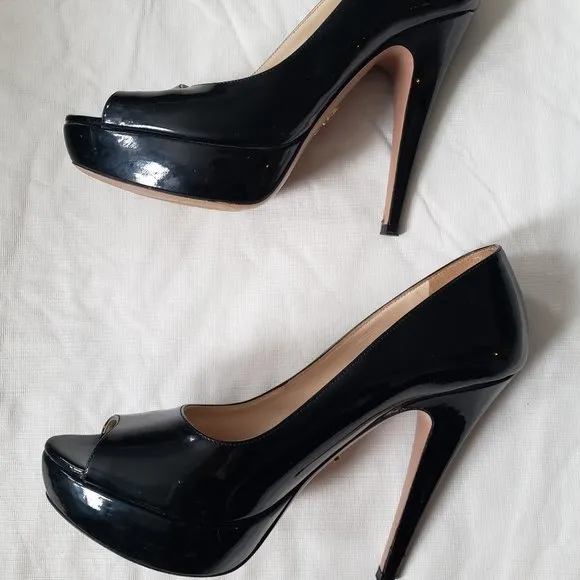 PRADA Black Patent Leather Peep Toe Platform Pump Shoes