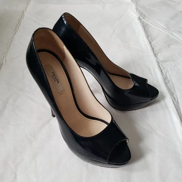 PRADA Black Patent Leather Peep Toe Platform Pump Shoes