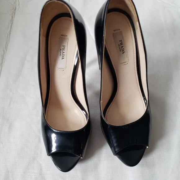 PRADA Black Patent Leather Peep Toe Platform Pump Shoes