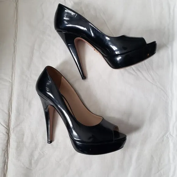 PRADA Black Patent Leather Peep Toe Platform Pump Shoes