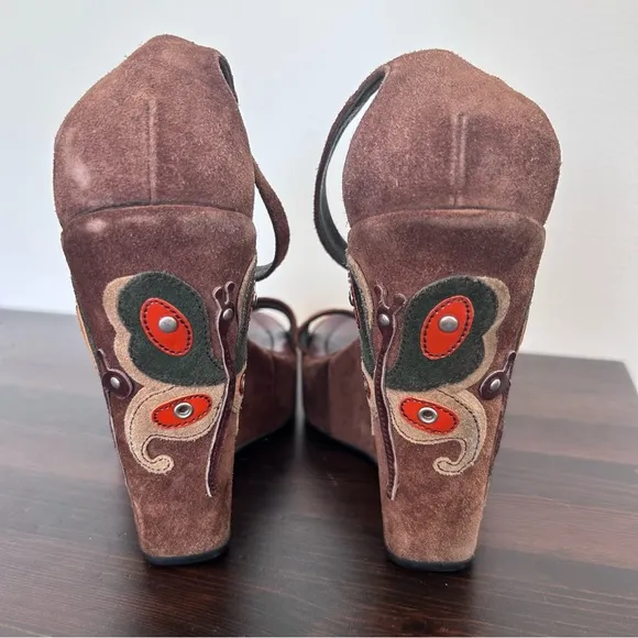 🧡PRADA🧡 Brown Suede Wedge Platform Ankle Strap Butterfly Sandals Sz 39.5 Italy