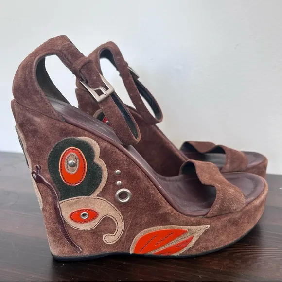 🧡PRADA🧡 Brown Suede Wedge Platform Ankle Strap Butterfly Sandals Sz 39.5 Italy