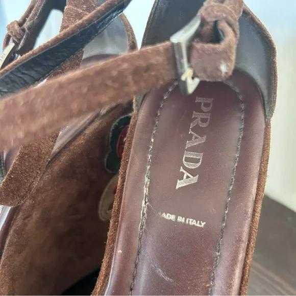 🧡PRADA🧡 Brown Suede Wedge Platform Ankle Strap Butterfly Sandals Sz 39.5 Italy