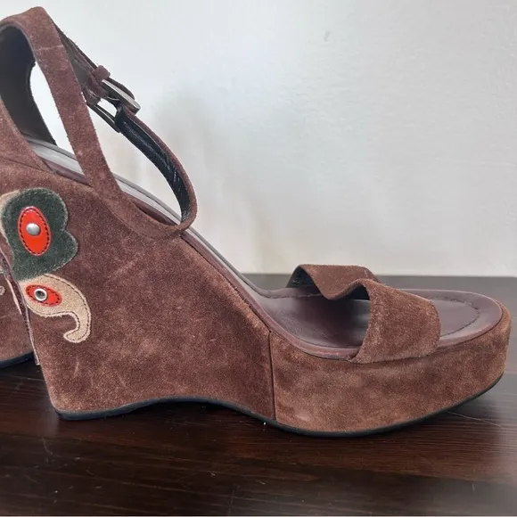 🧡PRADA🧡 Brown Suede Wedge Platform Ankle Strap Butterfly Sandals Sz 39.5 Italy