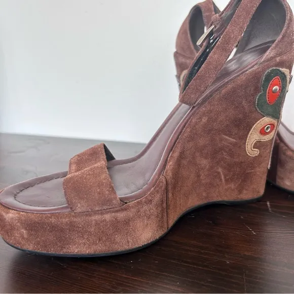 🧡PRADA🧡 Brown Suede Wedge Platform Ankle Strap Butterfly Sandals Sz 39.5 Italy