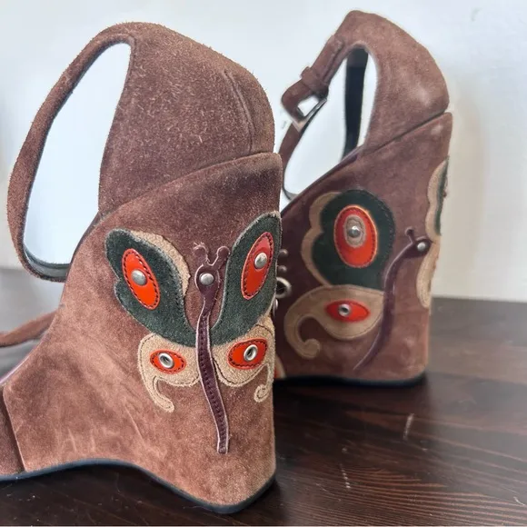 🧡PRADA🧡 Brown Suede Wedge Platform Ankle Strap Butterfly Sandals Sz 39.5 Italy